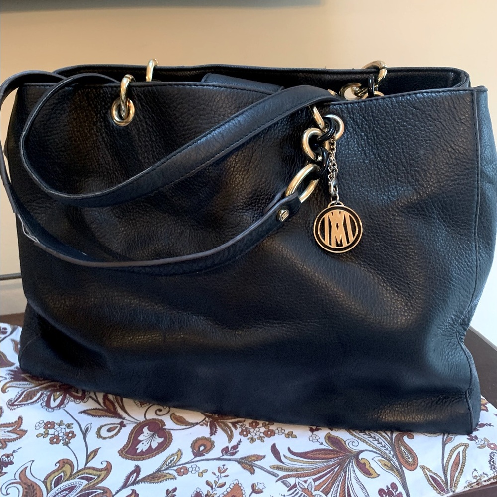 Antonio Melani Italian Pebbled Leather Chain Links Black Tote Shoulder Bag